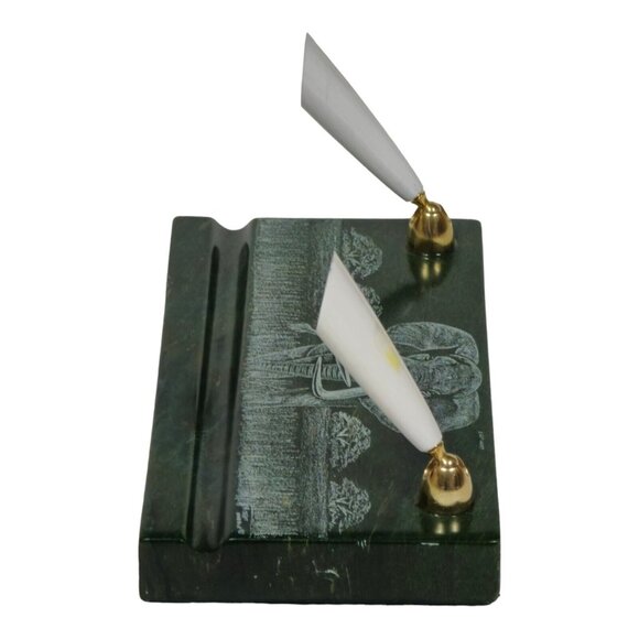 Vtg Signed African Verdite Stone Elephant Hand Crafted Etched Desk Pen Holder - Picture 8 of 11